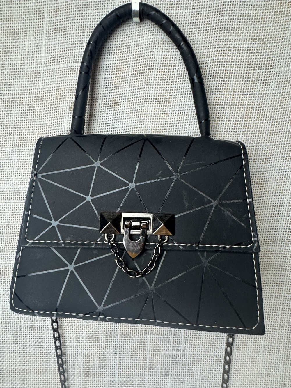 Structured Black Mini Top-Handle Crossbody Bag with Geometric Detail